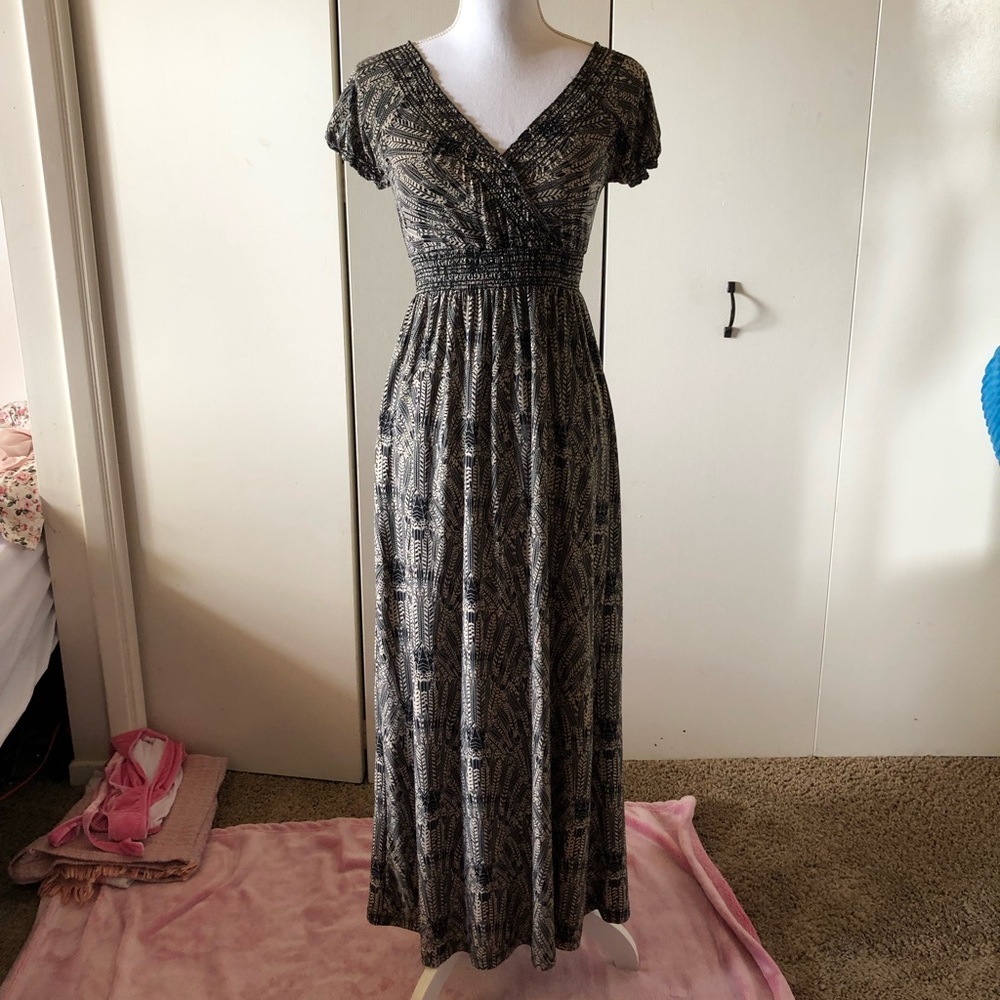 Black and grey feather stretchy maxi dress